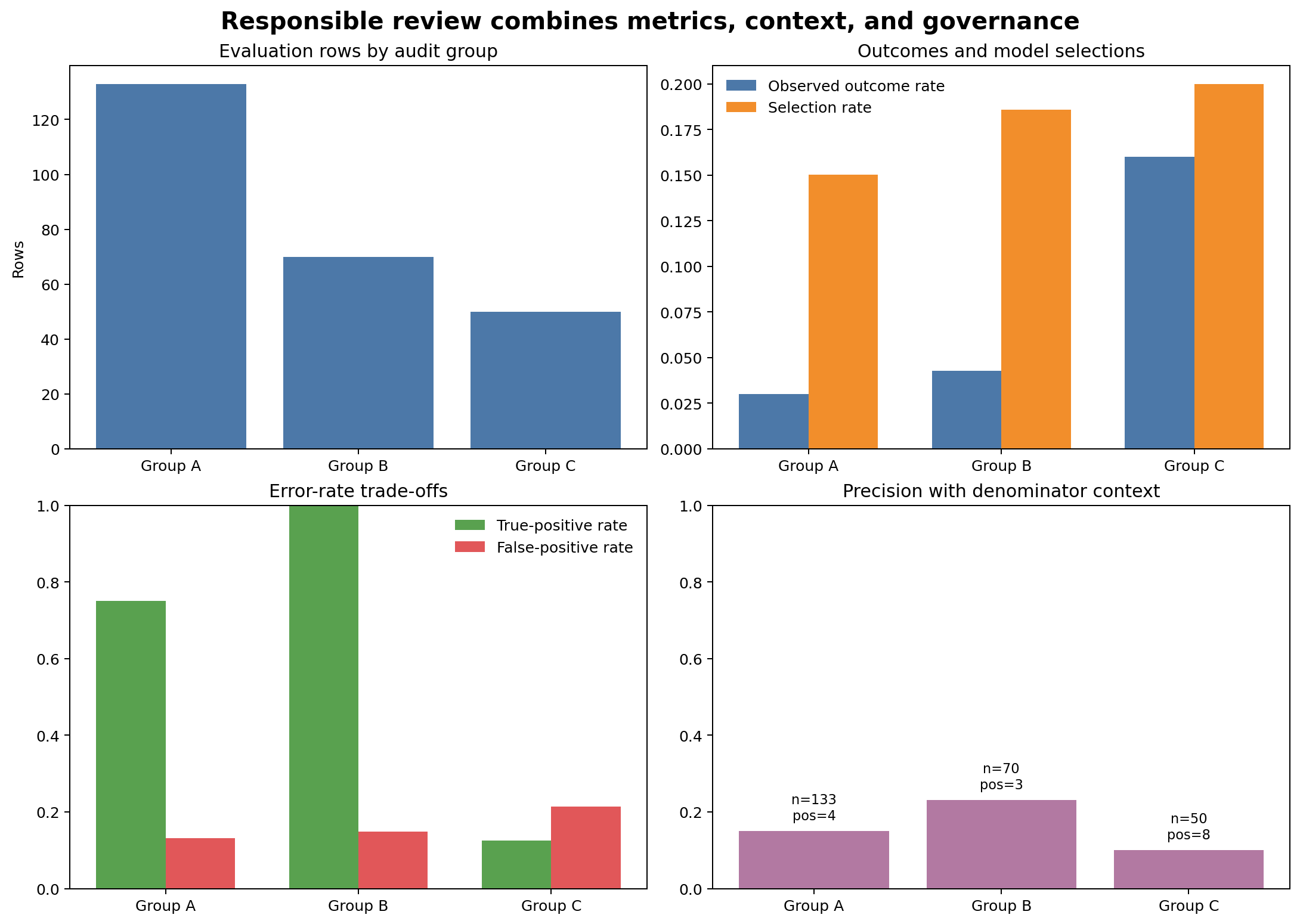 Four panels compare evaluation rows, outcome and selection rates, true-positive and false-positive rates, and precision across three audit groups.